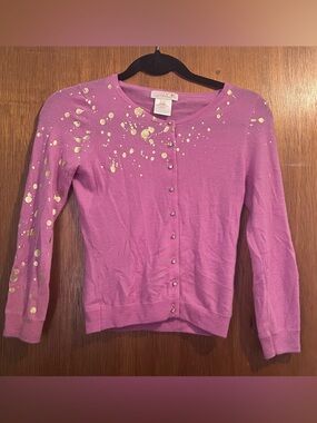 LaRok Women’s Pink Cashmere Button Crewneck Cardigan with Gold Splatter Sz Small